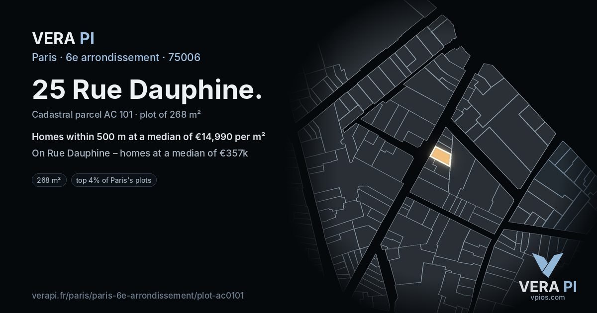 25 Rue Dauphine, 6e arrondissement at night – the plot lit, the parcels around coloured by the prices near them