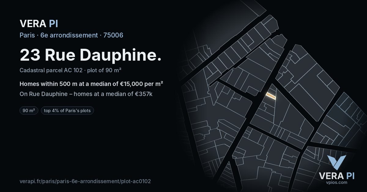 23 Rue Dauphine, 6e arrondissement at night – the plot lit, the parcels around coloured by the prices near them