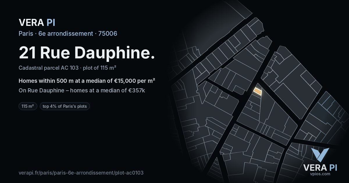 21 Rue Dauphine, 6e arrondissement at night – the plot lit, the parcels around coloured by the prices near them