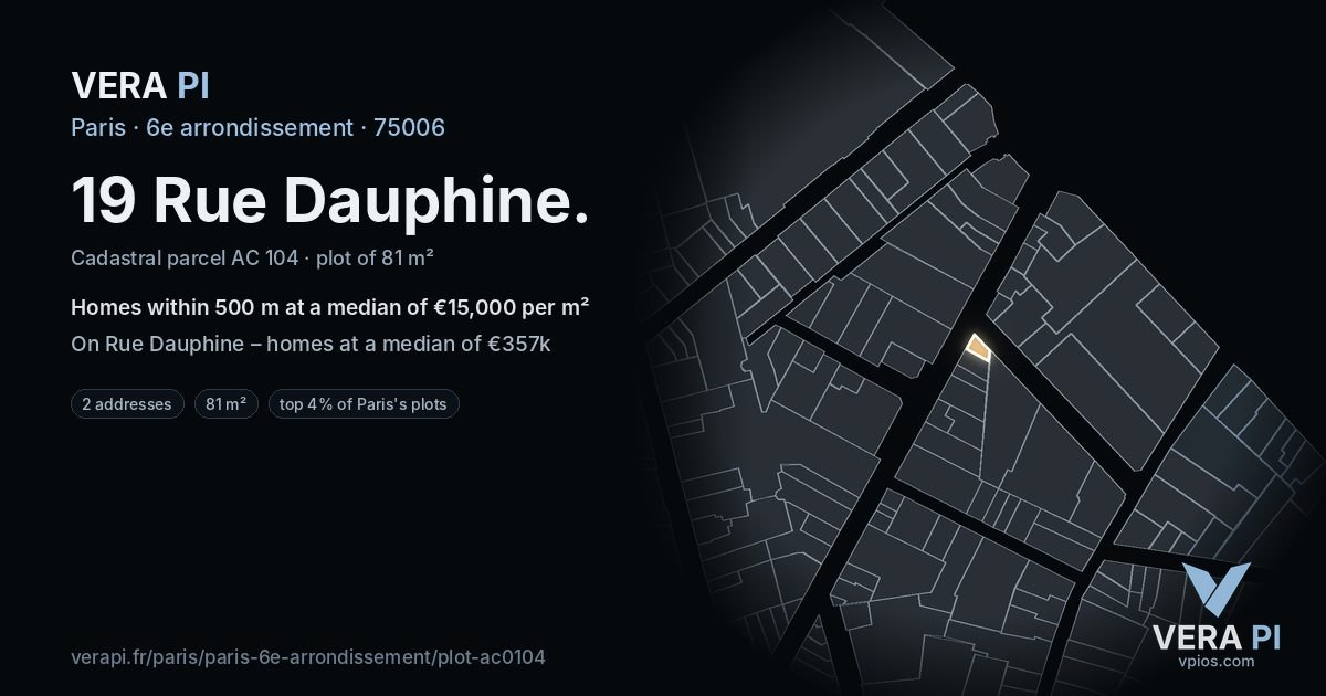 19 Rue Dauphine, 6e arrondissement at night – the plot lit, the parcels around coloured by the prices near them