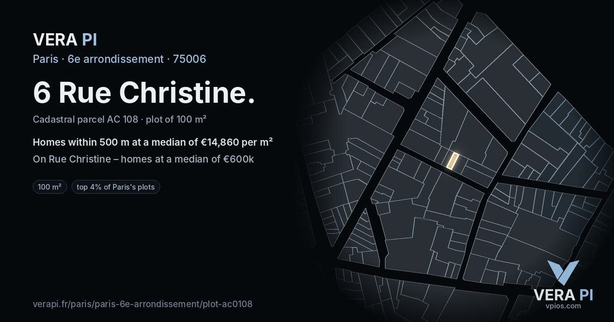6 Rue Christine, 6e arrondissement at night – the plot lit, the parcels around coloured by the prices near them
