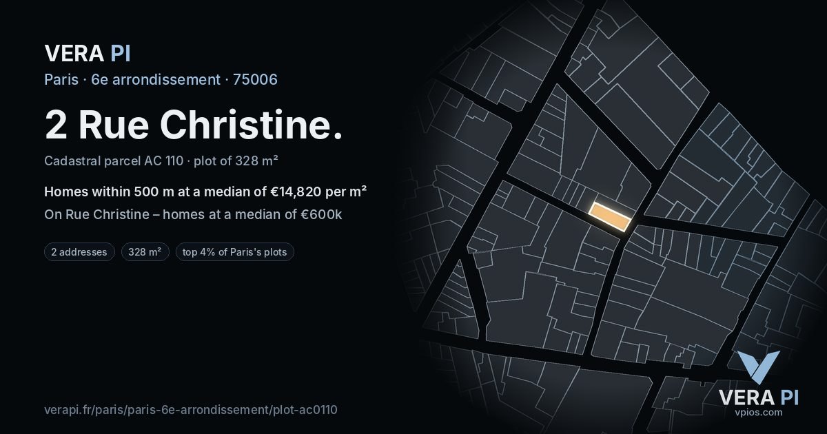 2 Rue Christine, 6e arrondissement at night – the plot lit, the parcels around coloured by the prices near them
