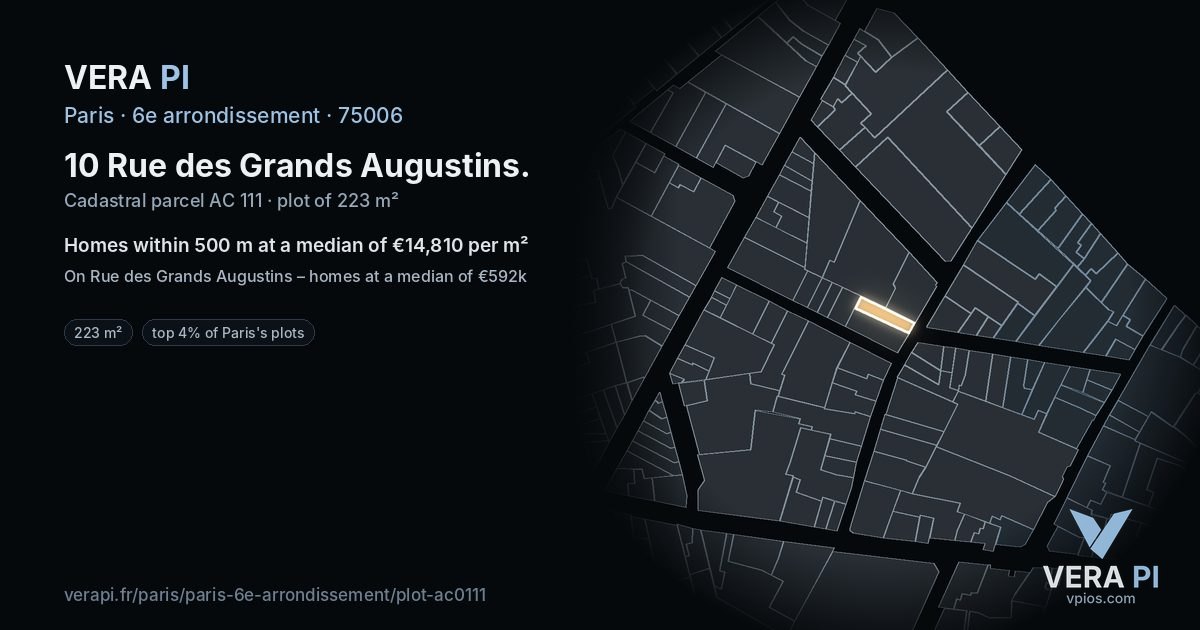 10 Rue des Grands Augustins, 6e arrondissement at night – the plot lit, the parcels around coloured by the prices near them