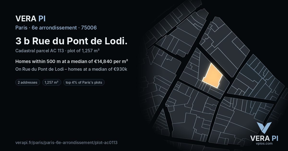 3 b Rue du Pont de Lodi, 6e arrondissement at night – the plot lit, the parcels around coloured by the prices near them
