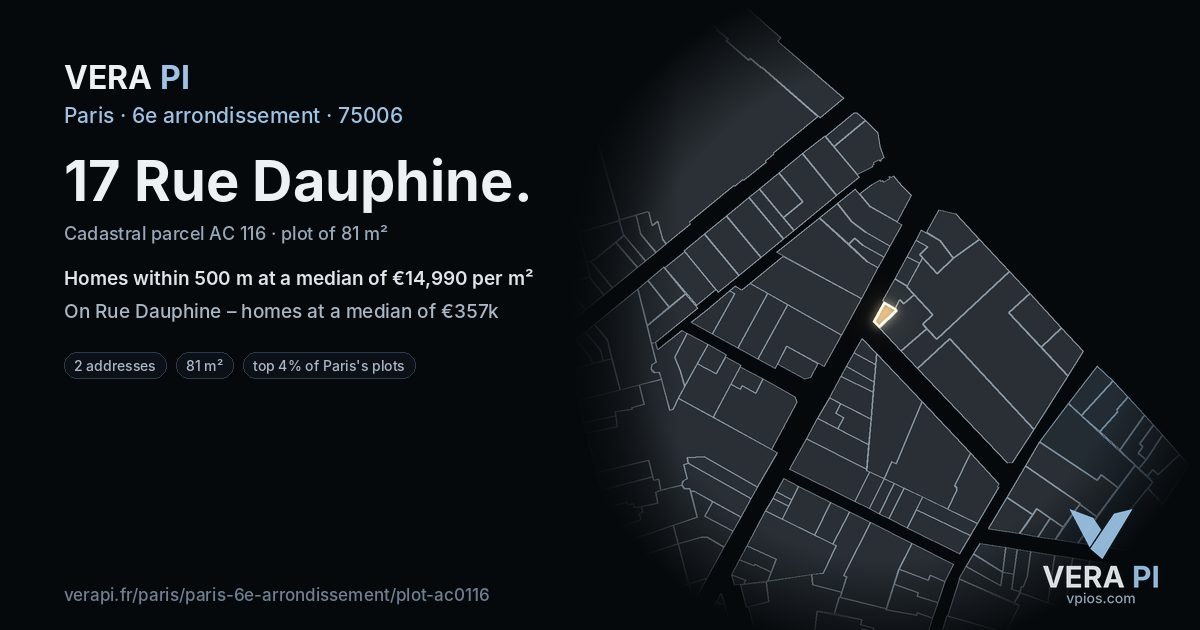17 Rue Dauphine, 6e arrondissement at night – the plot lit, the parcels around coloured by the prices near them