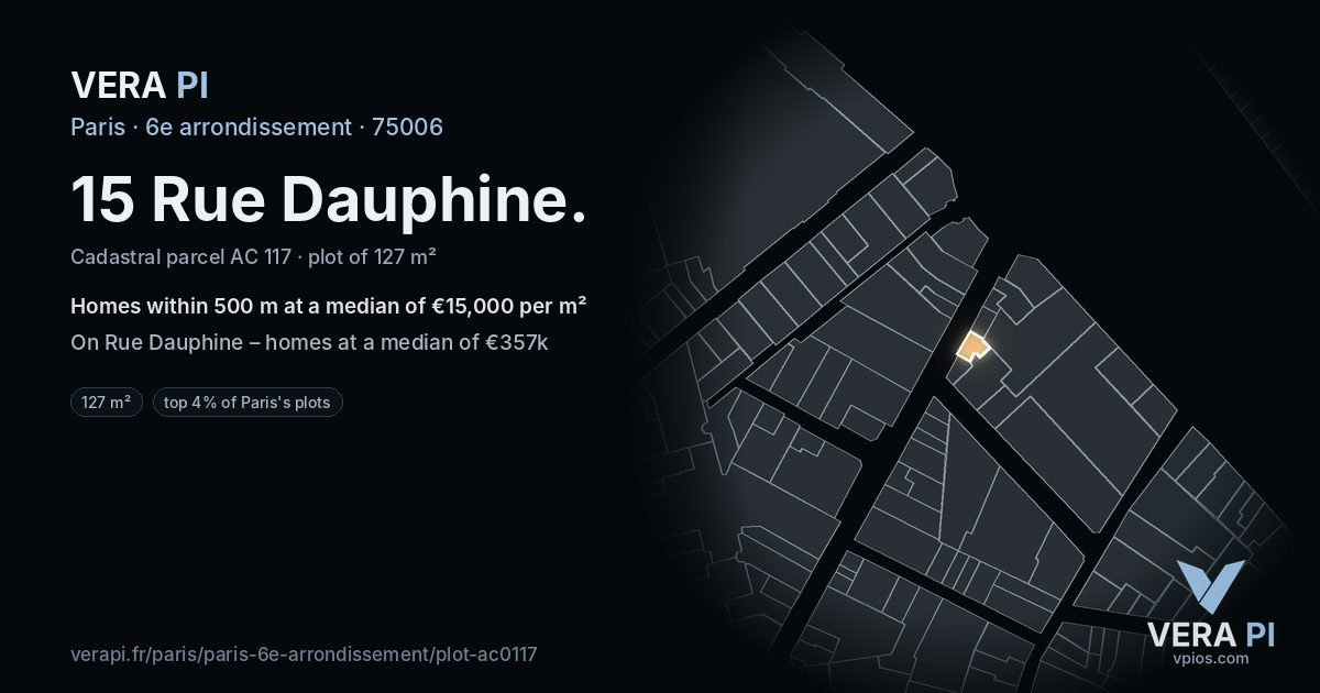 15 Rue Dauphine, 6e arrondissement at night – the plot lit, the parcels around coloured by the prices near them