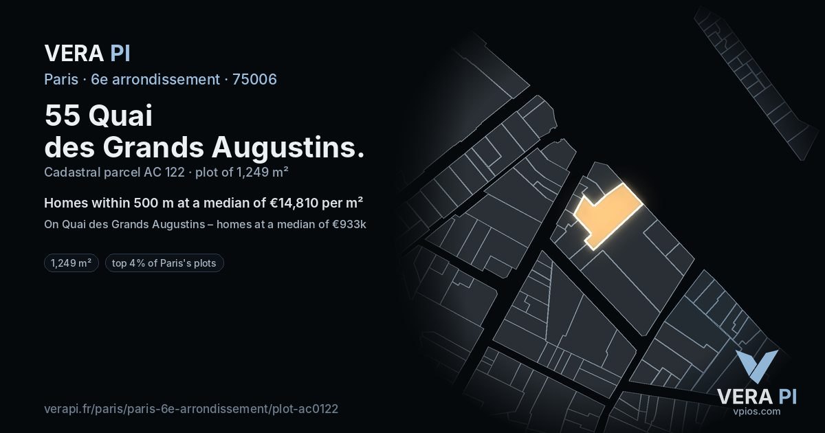 55 Quai des Grands Augustins, 6e arrondissement at night – the plot lit, the parcels around coloured by the prices near them