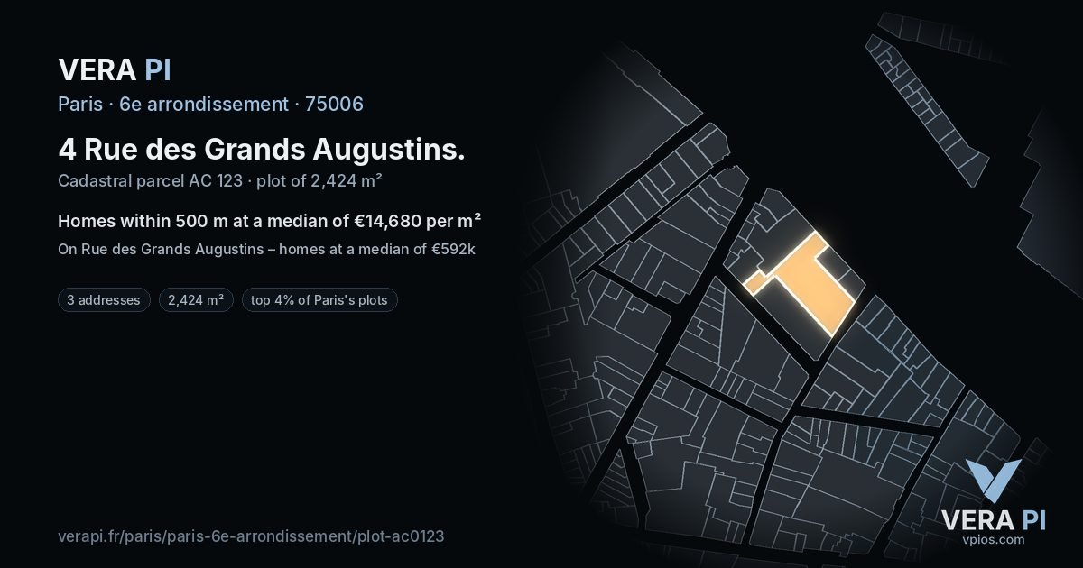 4 Rue des Grands Augustins, 6e arrondissement at night – the plot lit, the parcels around coloured by the prices near them