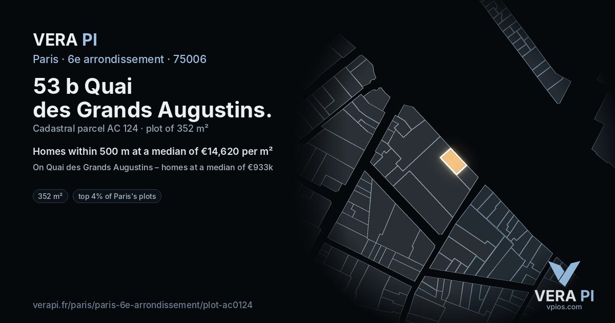 53 b Quai des Grands Augustins, 6e arrondissement at night – the plot lit, the parcels around coloured by the prices near them