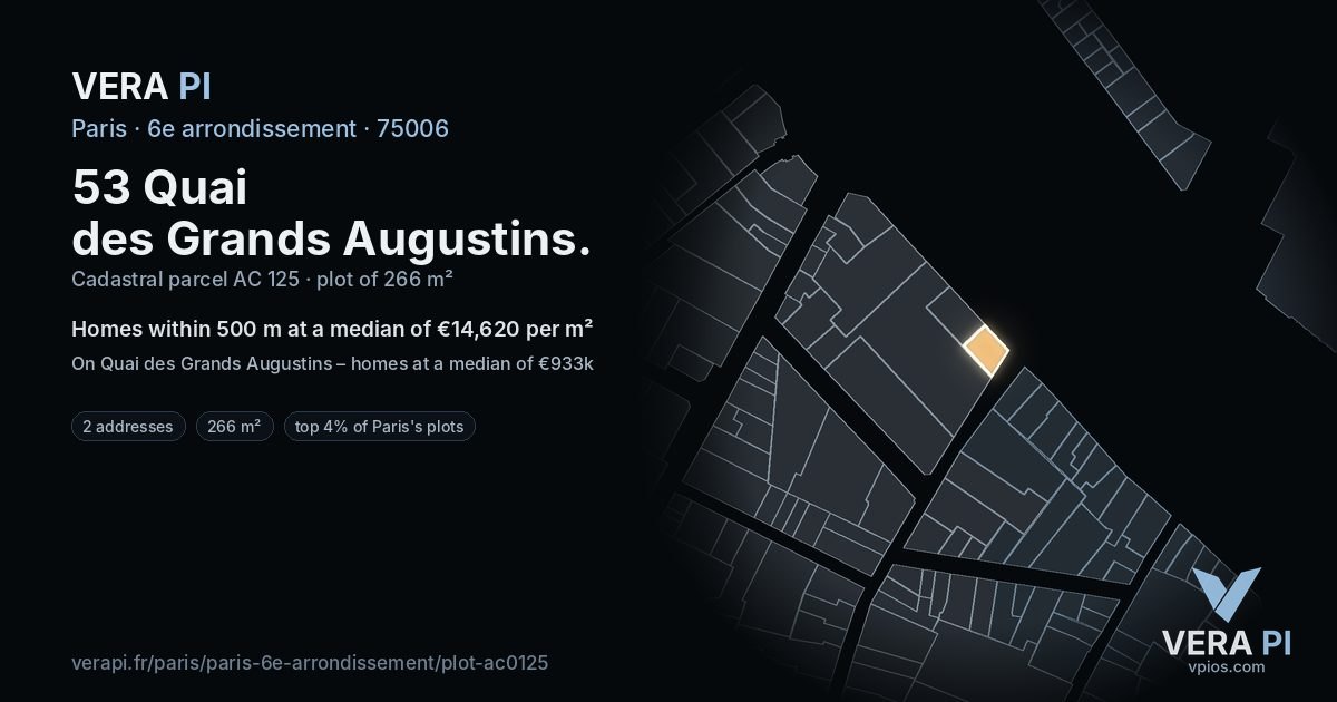 53 Quai des Grands Augustins, 6e arrondissement at night – the plot lit, the parcels around coloured by the prices near them