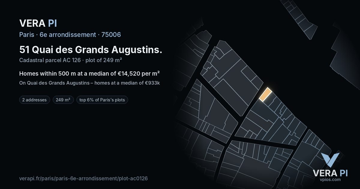 51 Quai des Grands Augustins, 6e arrondissement at night – the plot lit, the parcels around coloured by the prices near them