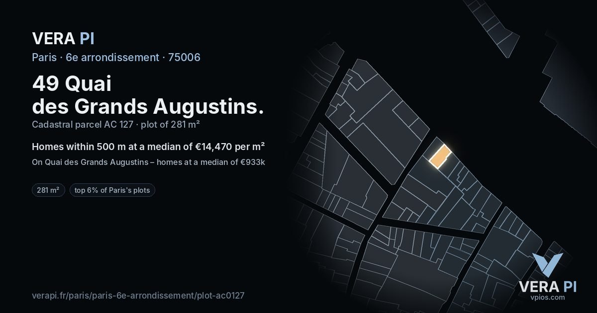 49 Quai des Grands Augustins, 6e arrondissement at night – the plot lit, the parcels around coloured by the prices near them
