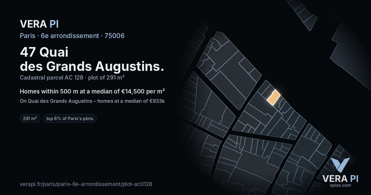 47 Quai des Grands Augustins, 6e arrondissement at night – the plot lit, the parcels around coloured by the prices near them