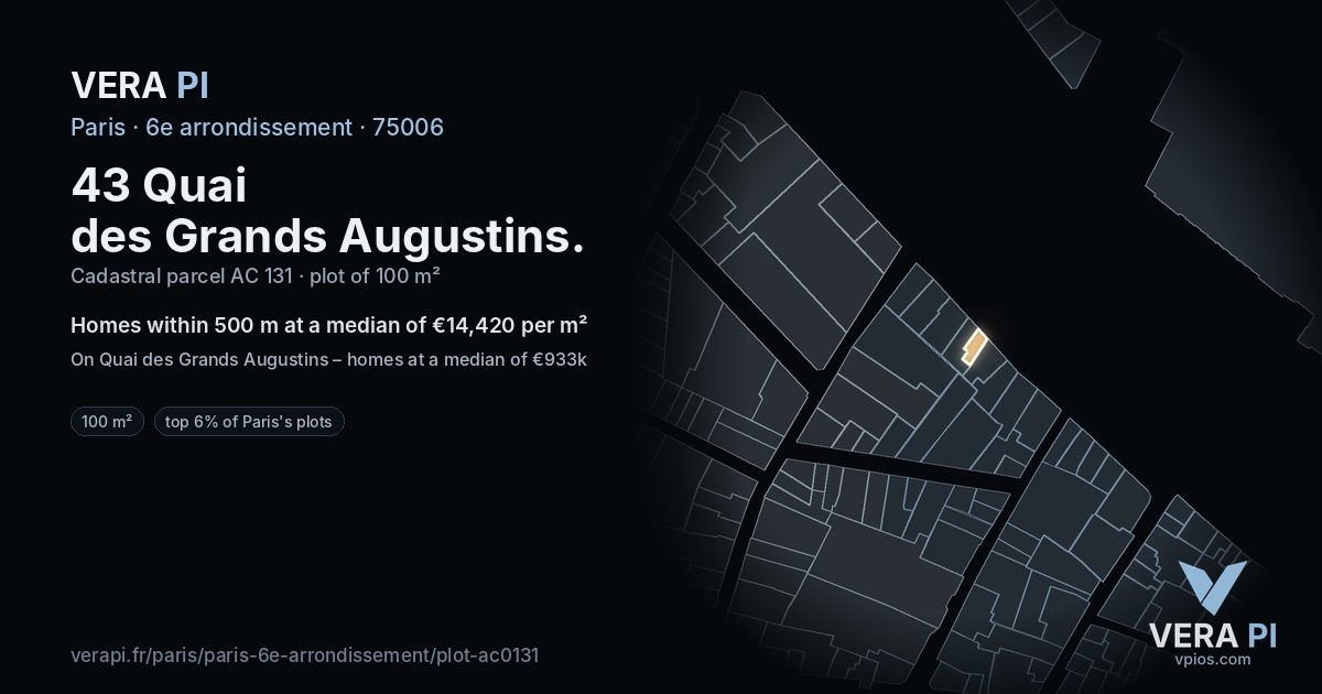 43 Quai des Grands Augustins, 6e arrondissement at night – the plot lit, the parcels around coloured by the prices near them