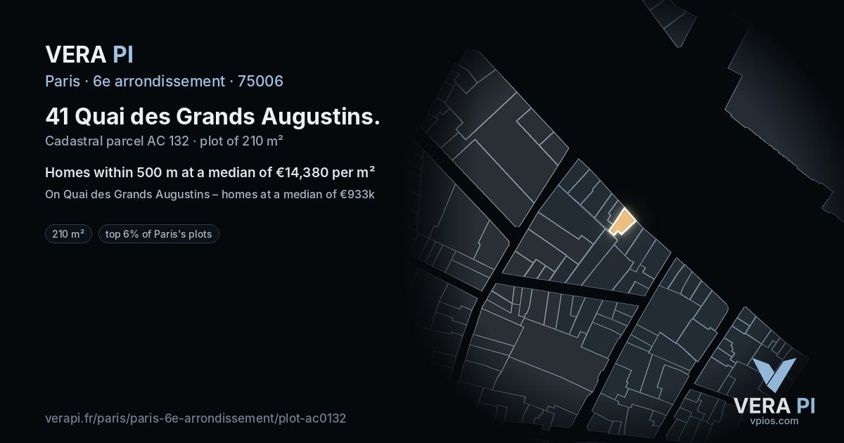 41 Quai des Grands Augustins, 6e arrondissement at night – the plot lit, the parcels around coloured by the prices near them