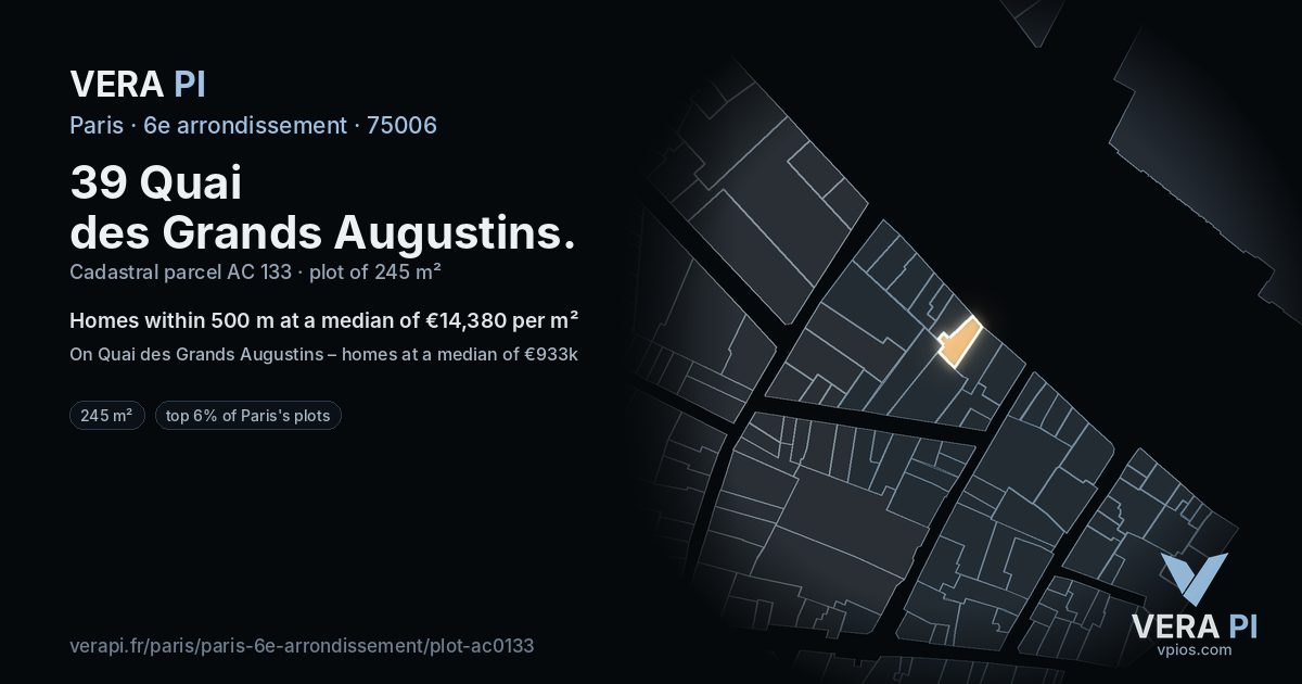 39 Quai des Grands Augustins, 6e arrondissement at night – the plot lit, the parcels around coloured by the prices near them
