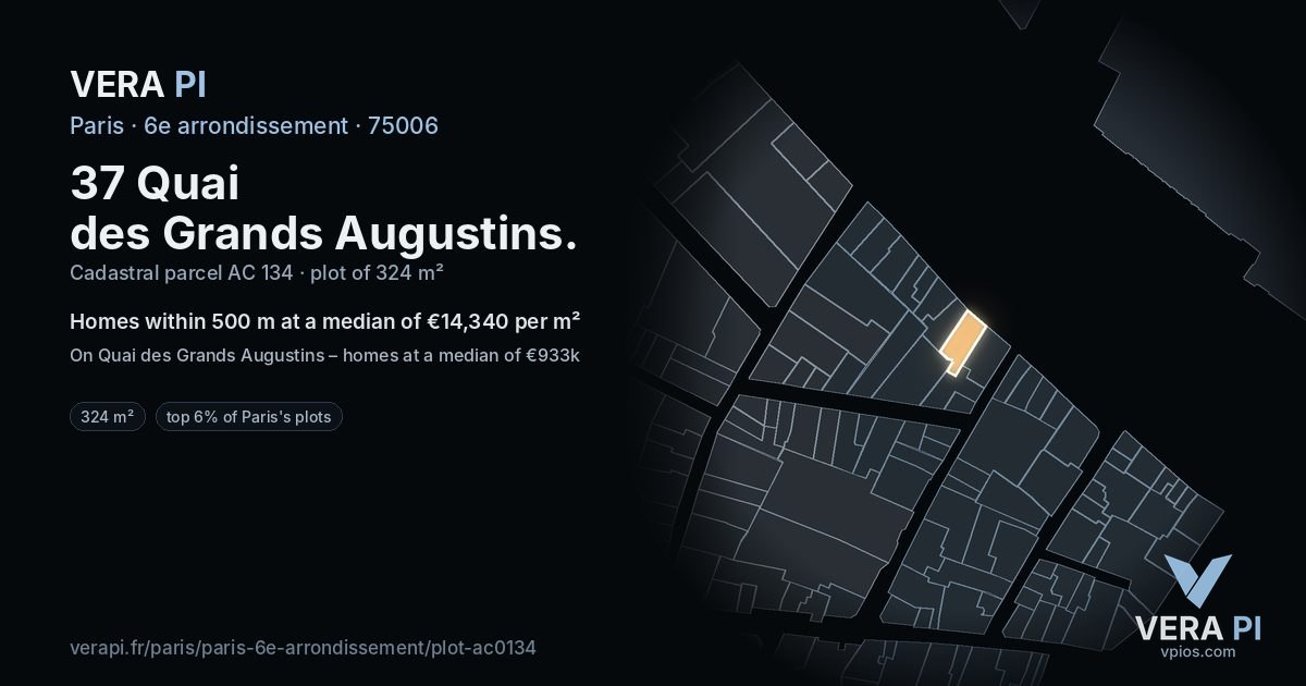 37 Quai des Grands Augustins, 6e arrondissement at night – the plot lit, the parcels around coloured by the prices near them