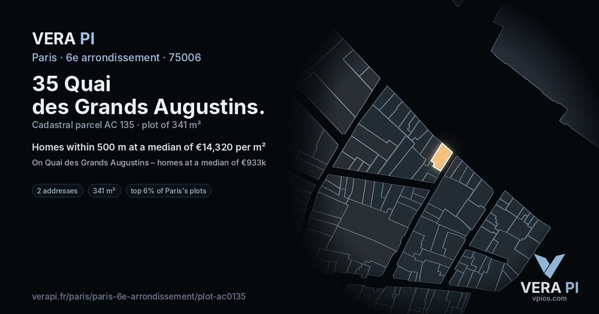 35 Quai des Grands Augustins, 6e arrondissement at night – the plot lit, the parcels around coloured by the prices near them