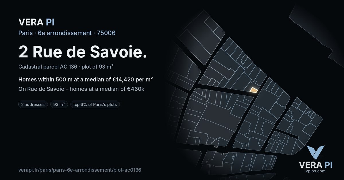 2 Rue de Savoie, 6e arrondissement at night – the plot lit, the parcels around coloured by the prices near them