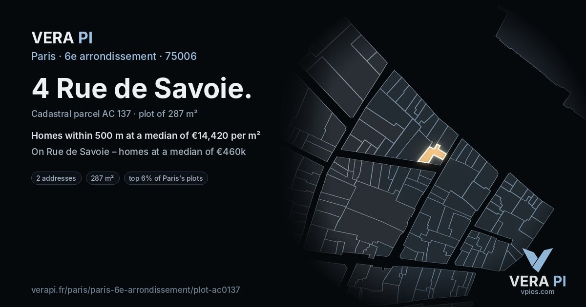 4 Rue de Savoie, 6e arrondissement at night – the plot lit, the parcels around coloured by the prices near them