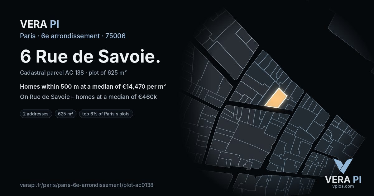 6 Rue de Savoie, 6e arrondissement at night – the plot lit, the parcels around coloured by the prices near them