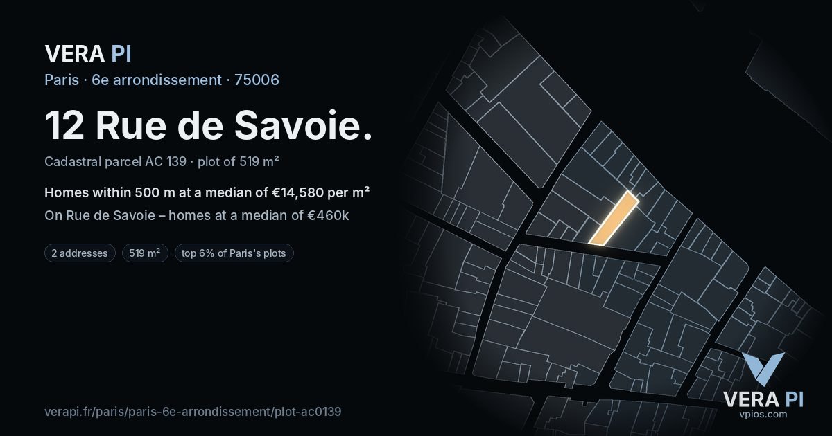12 Rue de Savoie, 6e arrondissement at night – the plot lit, the parcels around coloured by the prices near them