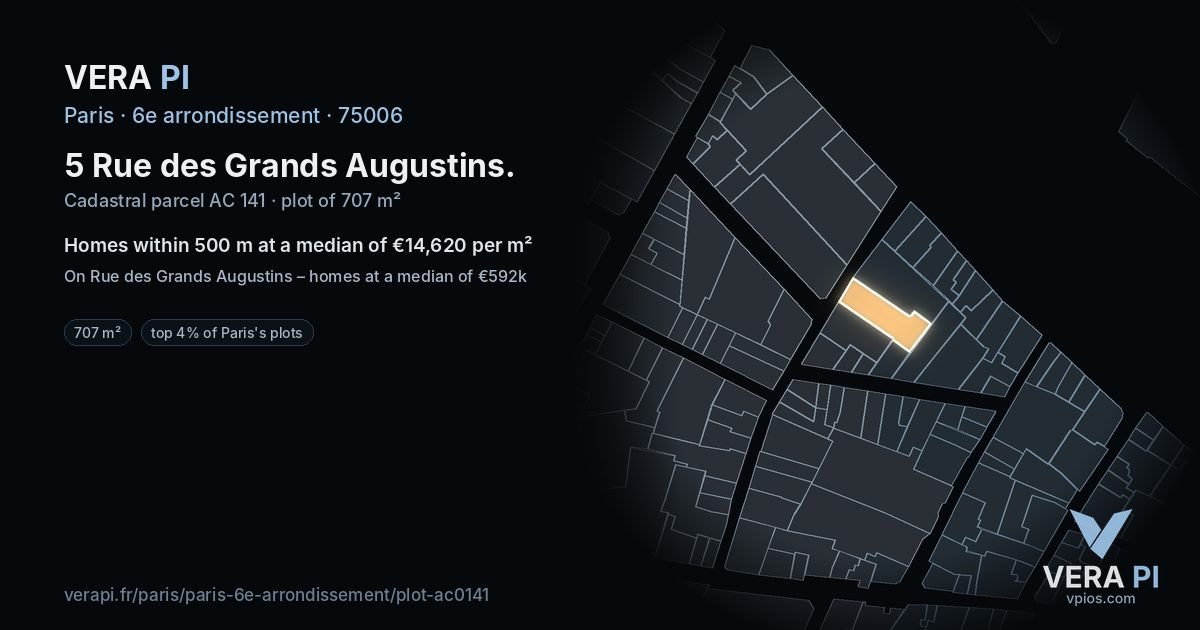 5 Rue des Grands Augustins, 6e arrondissement at night – the plot lit, the parcels around coloured by the prices near them