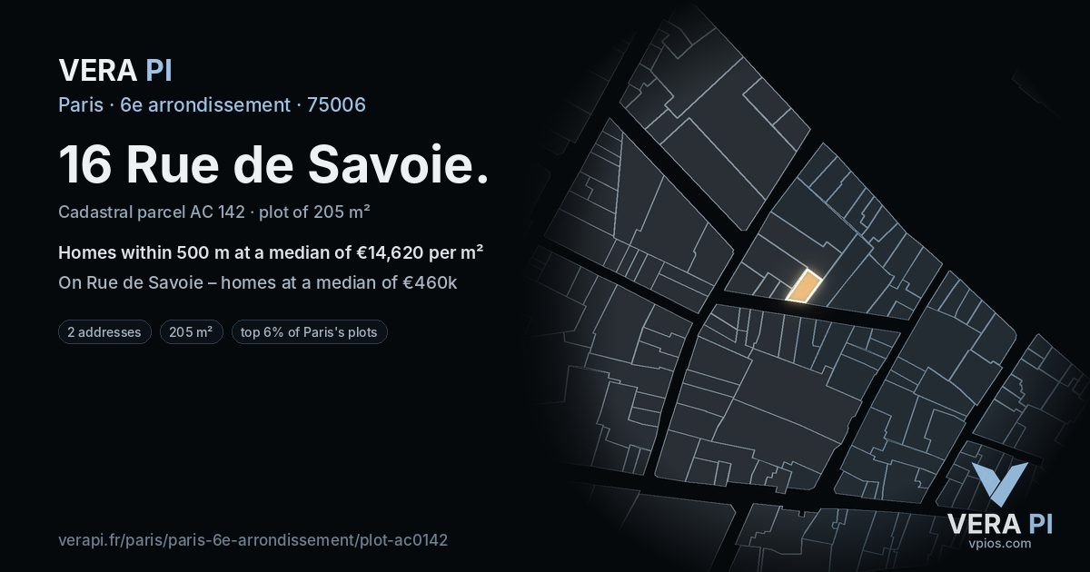 16 Rue de Savoie, 6e arrondissement at night – the plot lit, the parcels around coloured by the prices near them