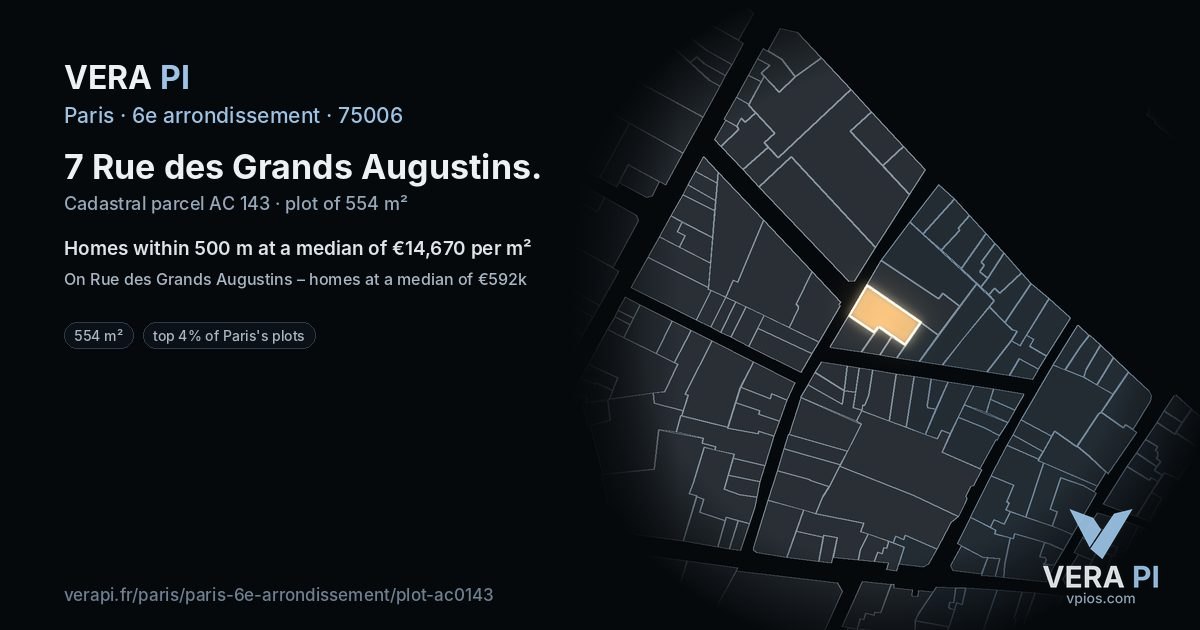 7 Rue des Grands Augustins, 6e arrondissement at night – the plot lit, the parcels around coloured by the prices near them
