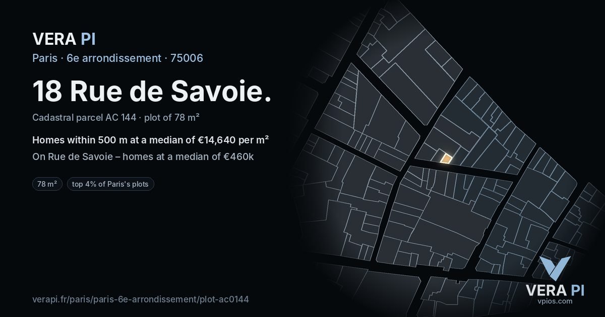 18 Rue de Savoie, 6e arrondissement at night – the plot lit, the parcels around coloured by the prices near them