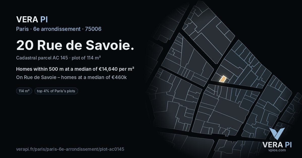 20 Rue de Savoie, 6e arrondissement at night – the plot lit, the parcels around coloured by the prices near them