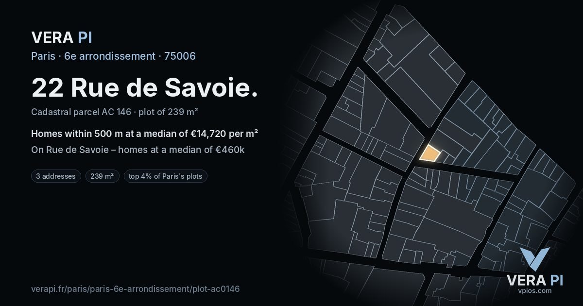 22 Rue de Savoie, 6e arrondissement at night – the plot lit, the parcels around coloured by the prices near them