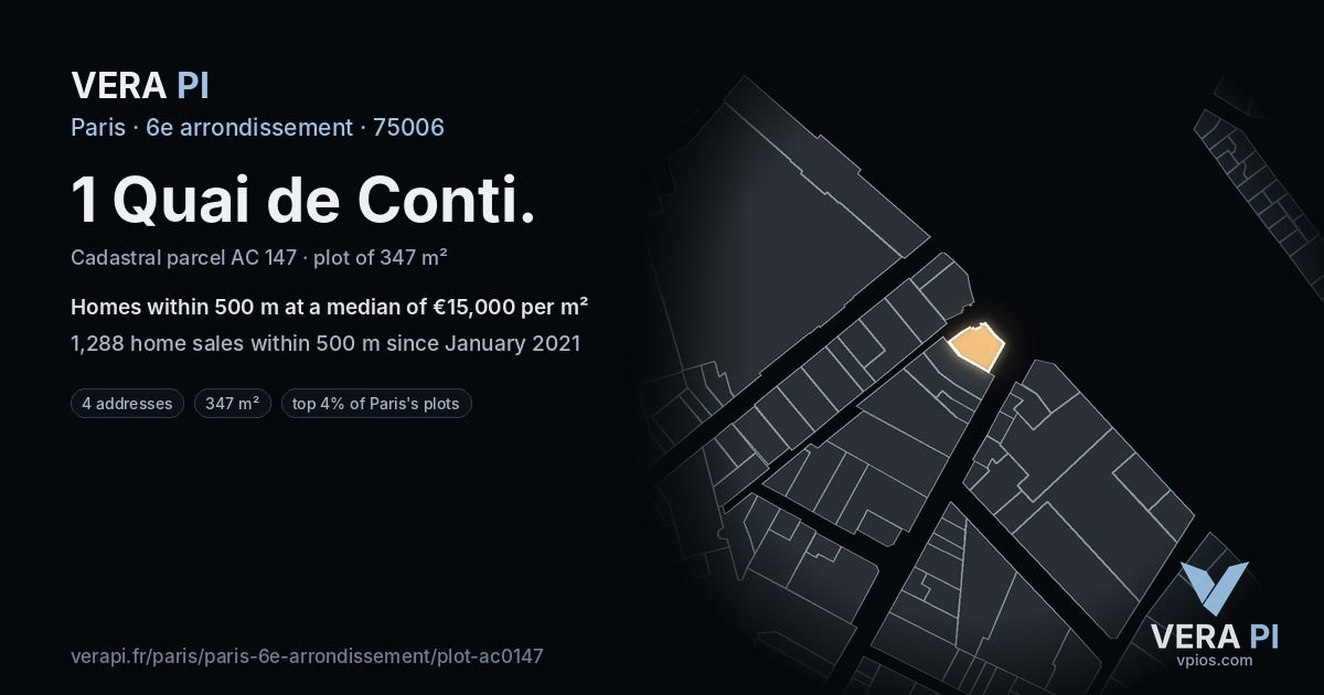 1 Quai de Conti, 6e arrondissement at night – the plot lit, the parcels around coloured by the prices near them