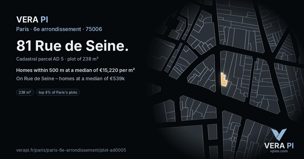 81 Rue de Seine, 6e arrondissement at night – the plot lit, the parcels around coloured by the prices near them
