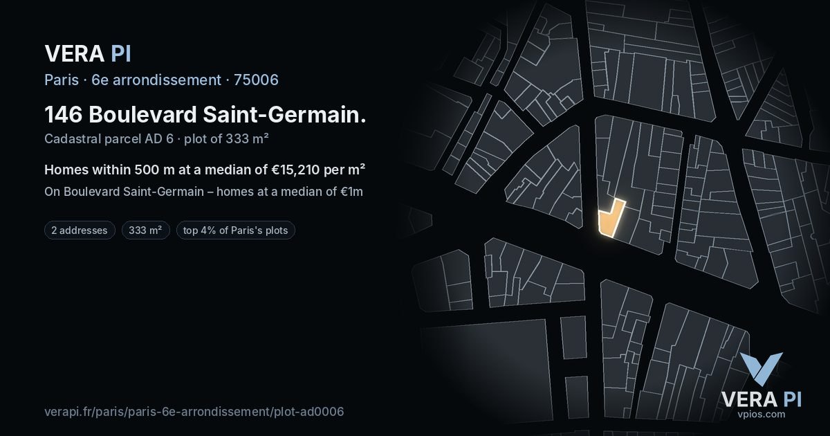 146 Boulevard Saint-Germain, 6e arrondissement at night – the plot lit, the parcels around coloured by the prices near them