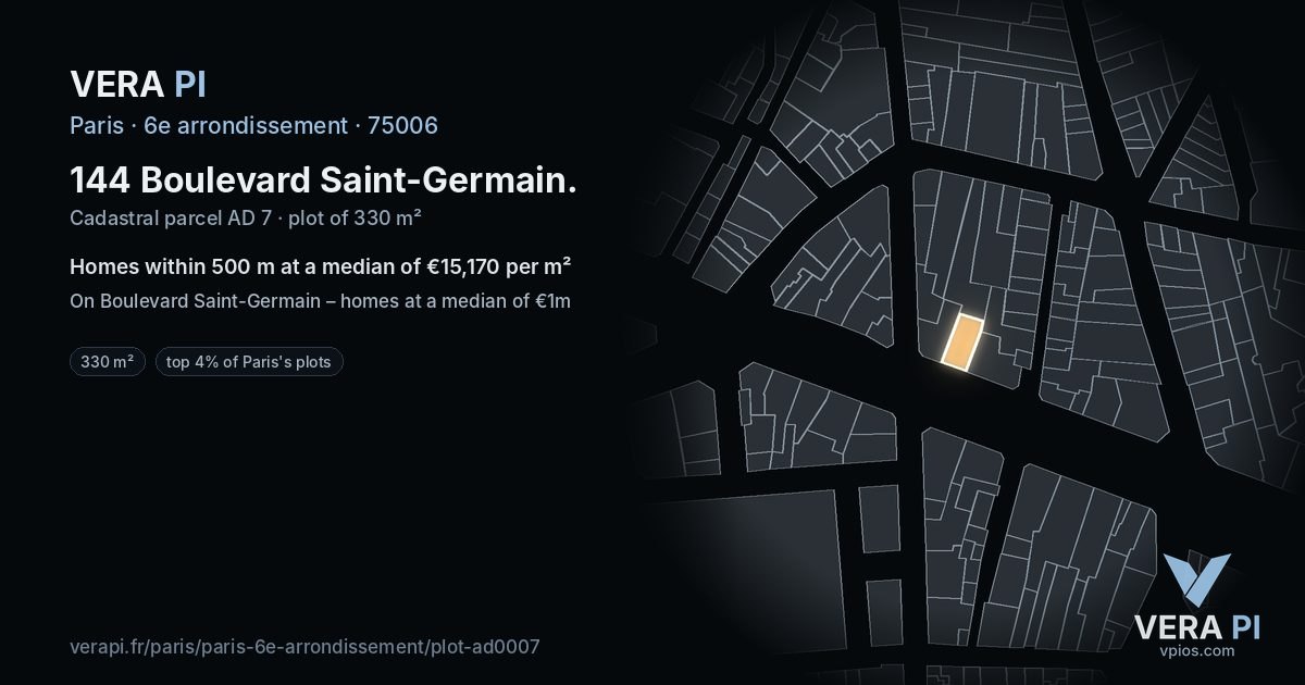 144 Boulevard Saint-Germain, 6e arrondissement at night – the plot lit, the parcels around coloured by the prices near them