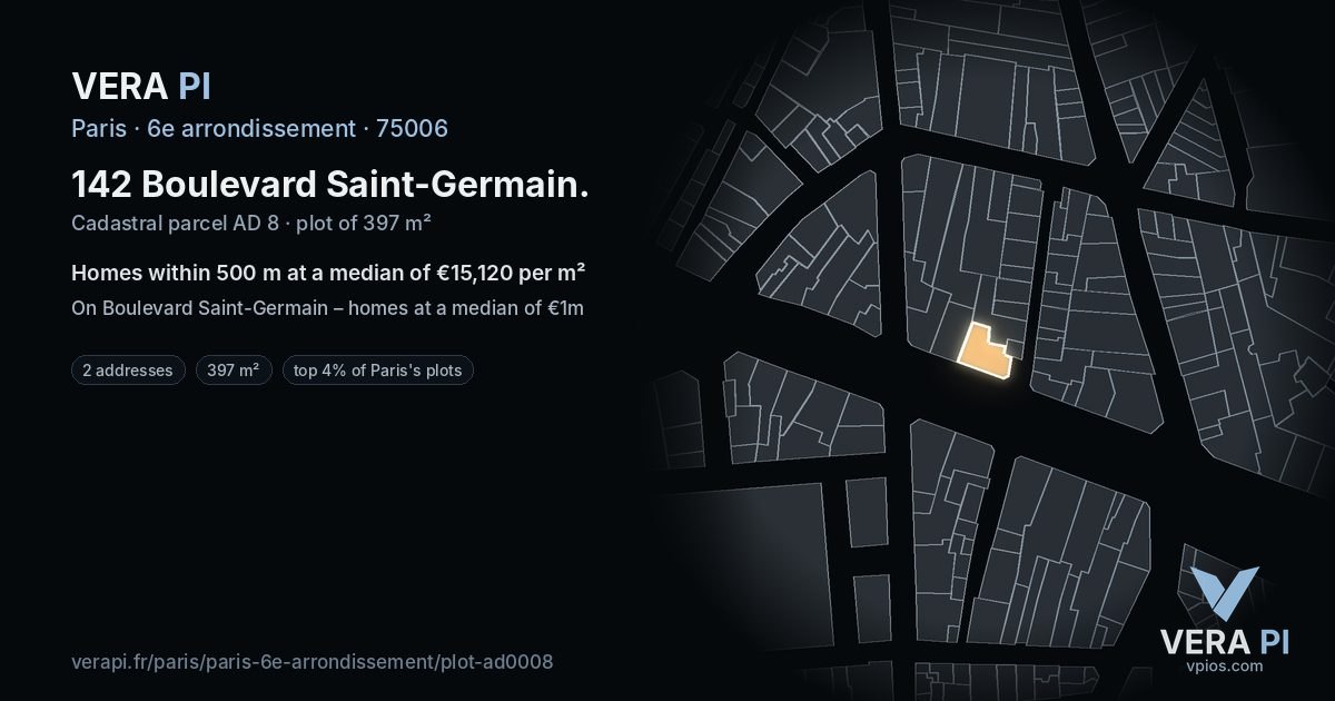 142 Boulevard Saint-Germain, 6e arrondissement at night – the plot lit, the parcels around coloured by the prices near them