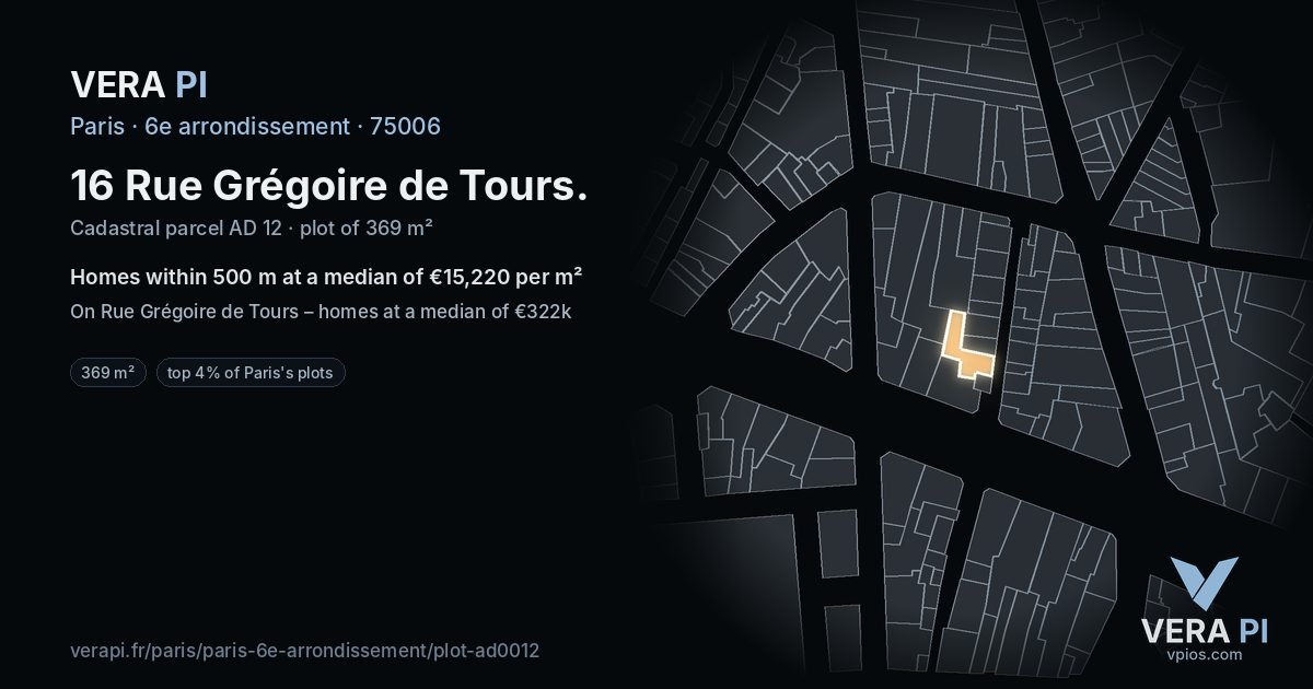16 Rue Grégoire de Tours, 6e arrondissement at night – the plot lit, the parcels around coloured by the prices near them