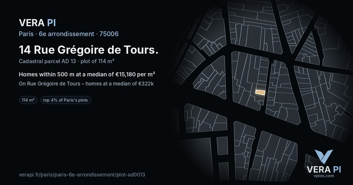 14 Rue Grégoire de Tours, 6e arrondissement at night – the plot lit, the parcels around coloured by the prices near them