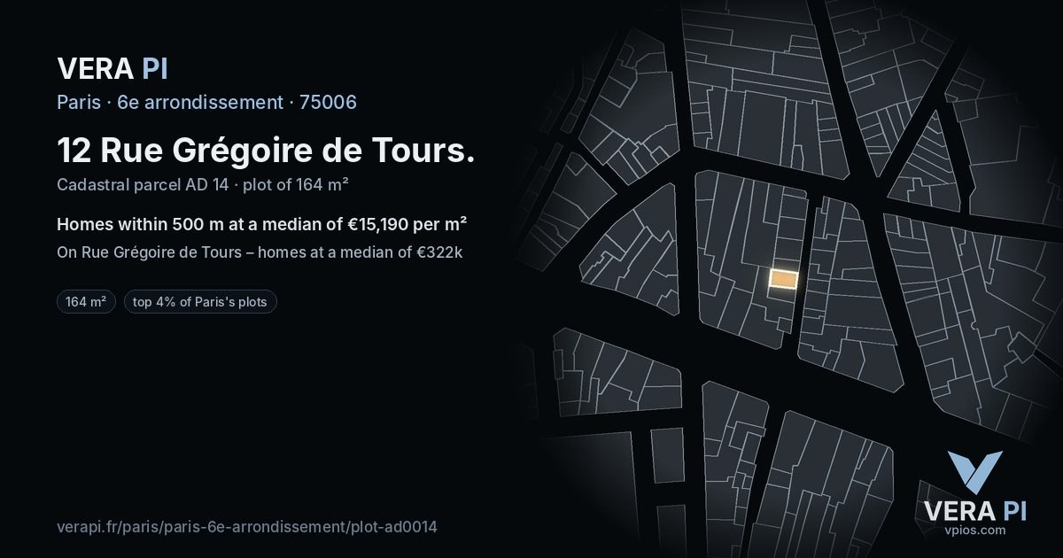 12 Rue Grégoire de Tours, 6e arrondissement at night – the plot lit, the parcels around coloured by the prices near them