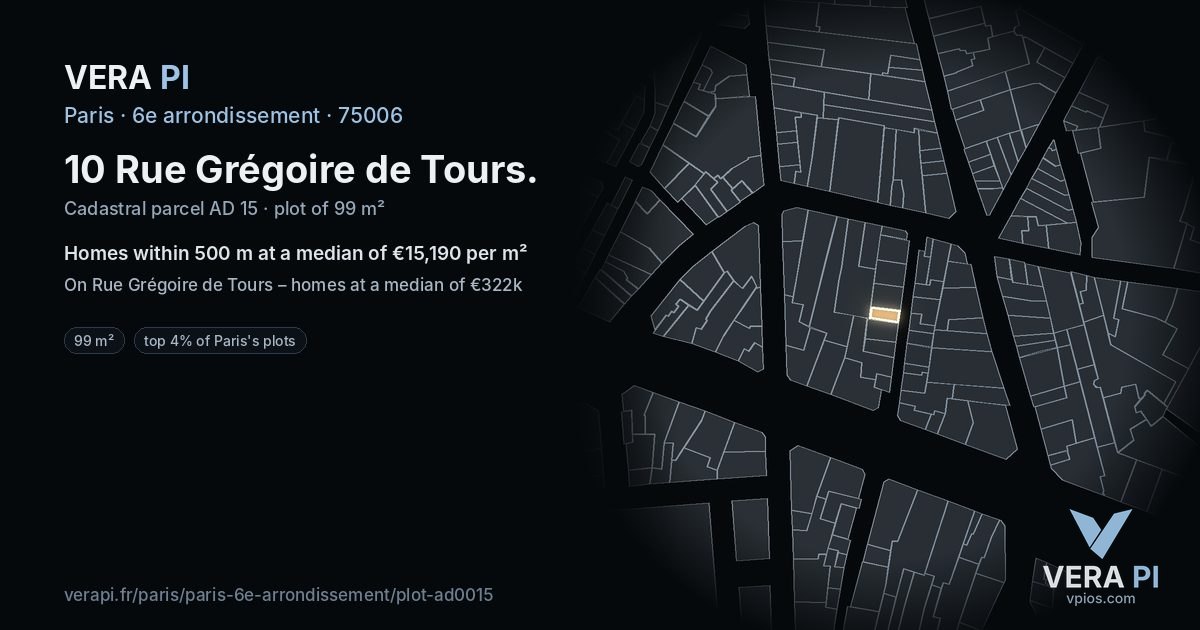 10 Rue Grégoire de Tours, 6e arrondissement at night – the plot lit, the parcels around coloured by the prices near them