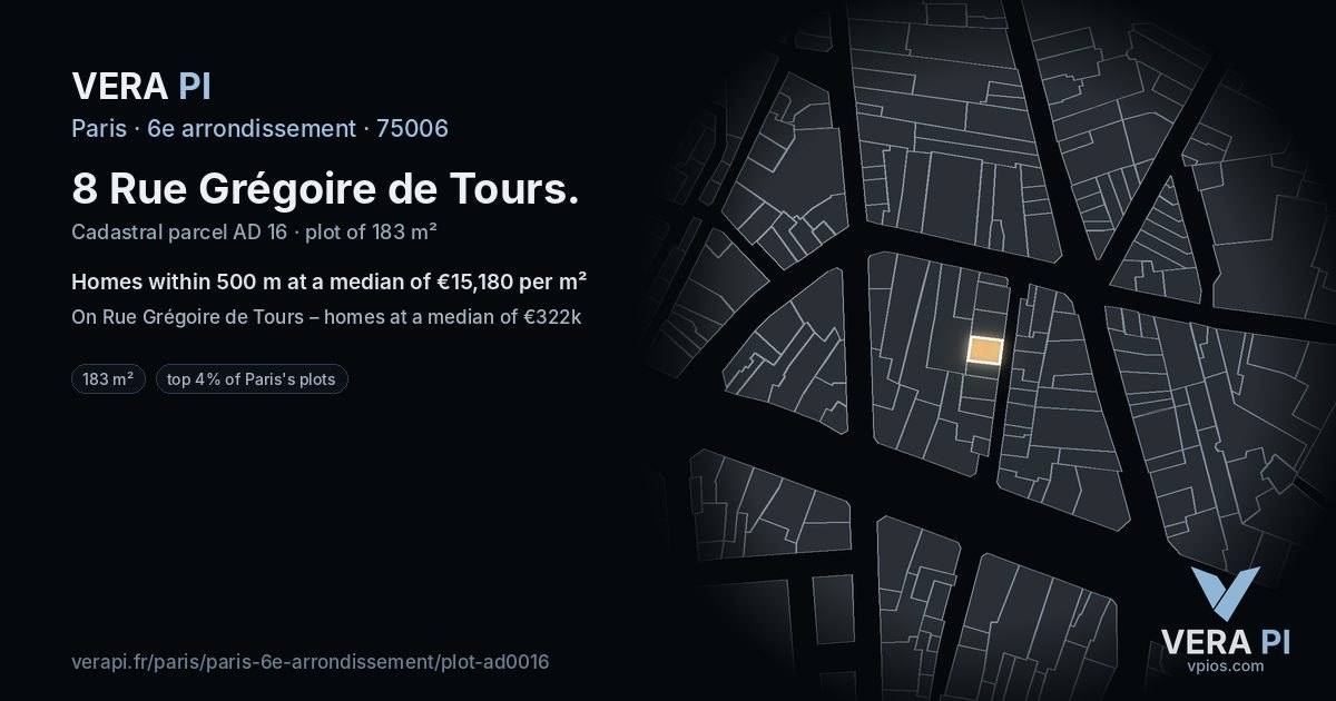 8 Rue Grégoire de Tours, 6e arrondissement at night – the plot lit, the parcels around coloured by the prices near them