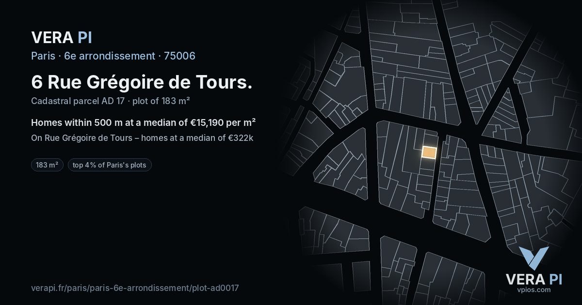 6 Rue Grégoire de Tours, 6e arrondissement at night – the plot lit, the parcels around coloured by the prices near them