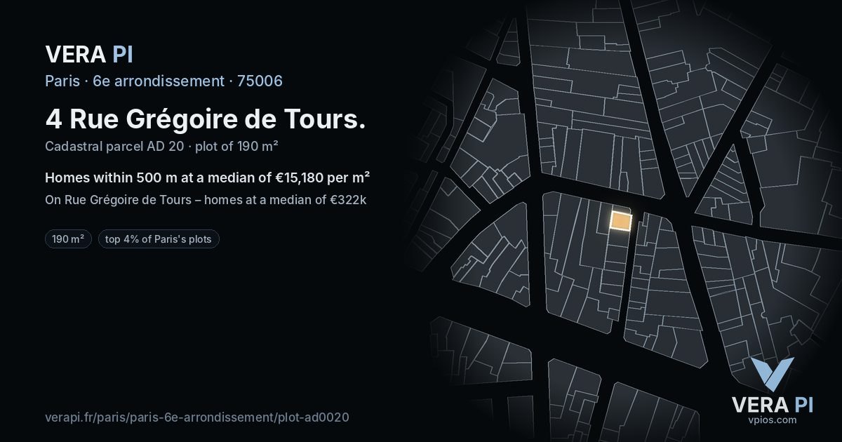 4 Rue Grégoire de Tours, 6e arrondissement at night – the plot lit, the parcels around coloured by the prices near them
