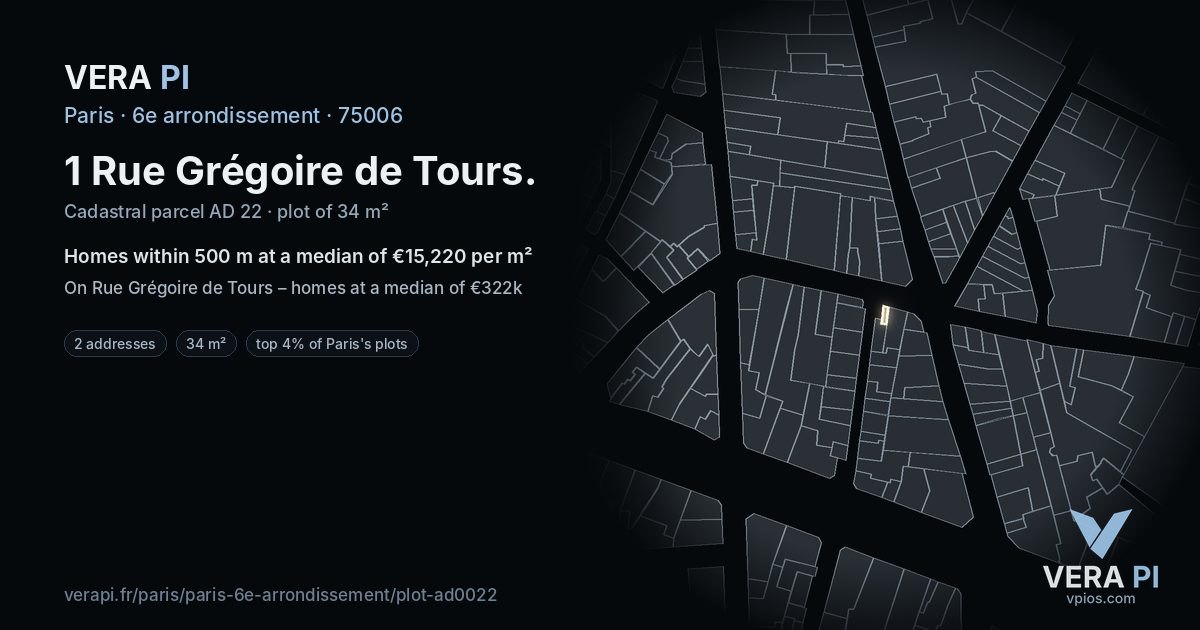 1 Rue Grégoire de Tours, 6e arrondissement at night – the plot lit, the parcels around coloured by the prices near them