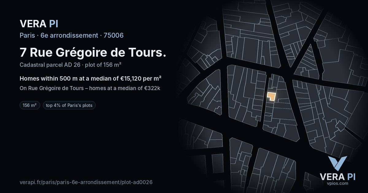 7 Rue Grégoire de Tours, 6e arrondissement at night – the plot lit, the parcels around coloured by the prices near them