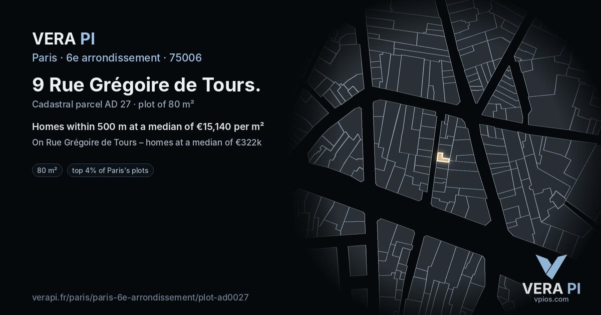 9 Rue Grégoire de Tours, 6e arrondissement at night – the plot lit, the parcels around coloured by the prices near them