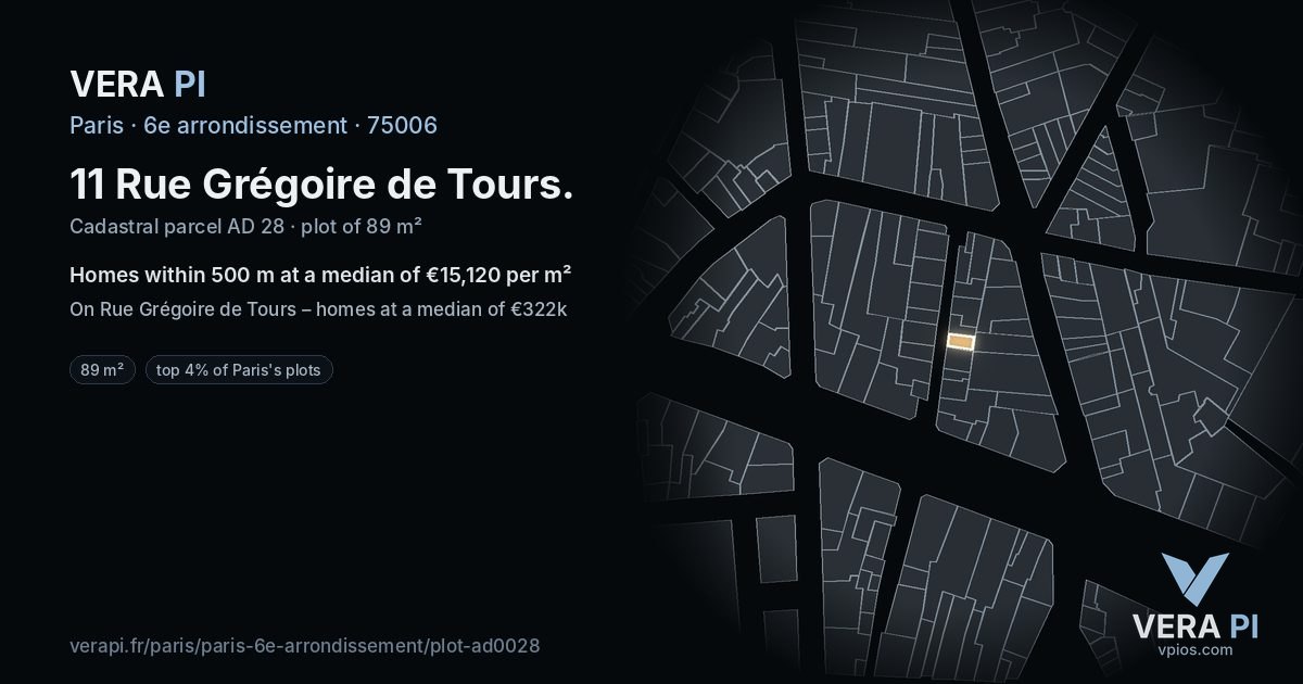 11 Rue Grégoire de Tours, 6e arrondissement at night – the plot lit, the parcels around coloured by the prices near them