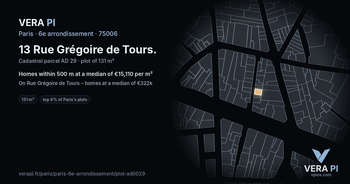13 Rue Grégoire de Tours, 6e arrondissement at night – the plot lit, the parcels around coloured by the prices near them