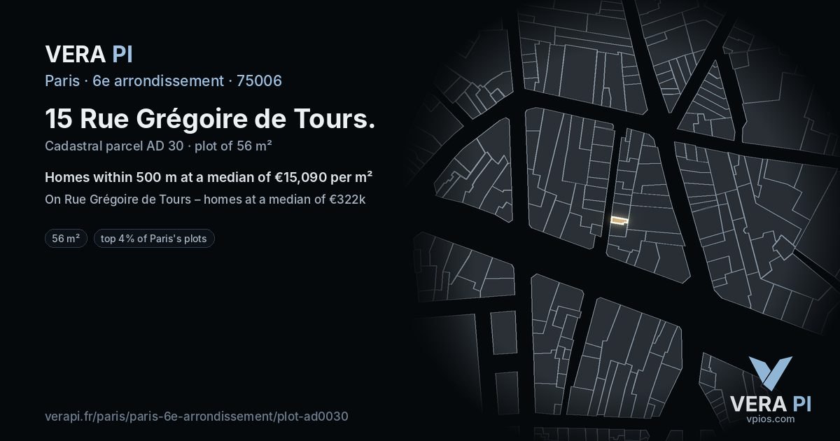 15 Rue Grégoire de Tours, 6e arrondissement at night – the plot lit, the parcels around coloured by the prices near them